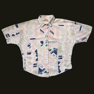 80s Vintage Abstract Hawaiian Shirt Batwing Short Sleeve Retro Pattern Print.